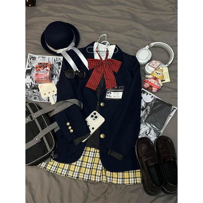 原创日系JK制服套装秋冬校供正版针织学院西服上衣格裙多巴胺叠穿