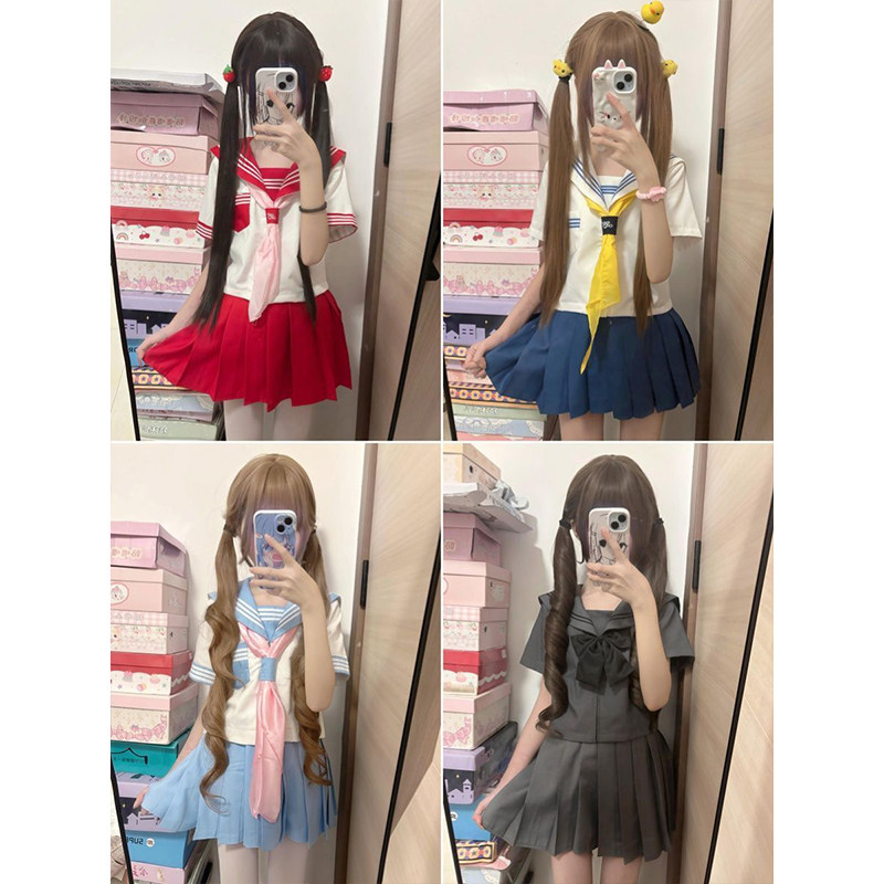 日系JK制服正统中间基础三本短袖水手服软妹可爱学院风套装百褶裙图片