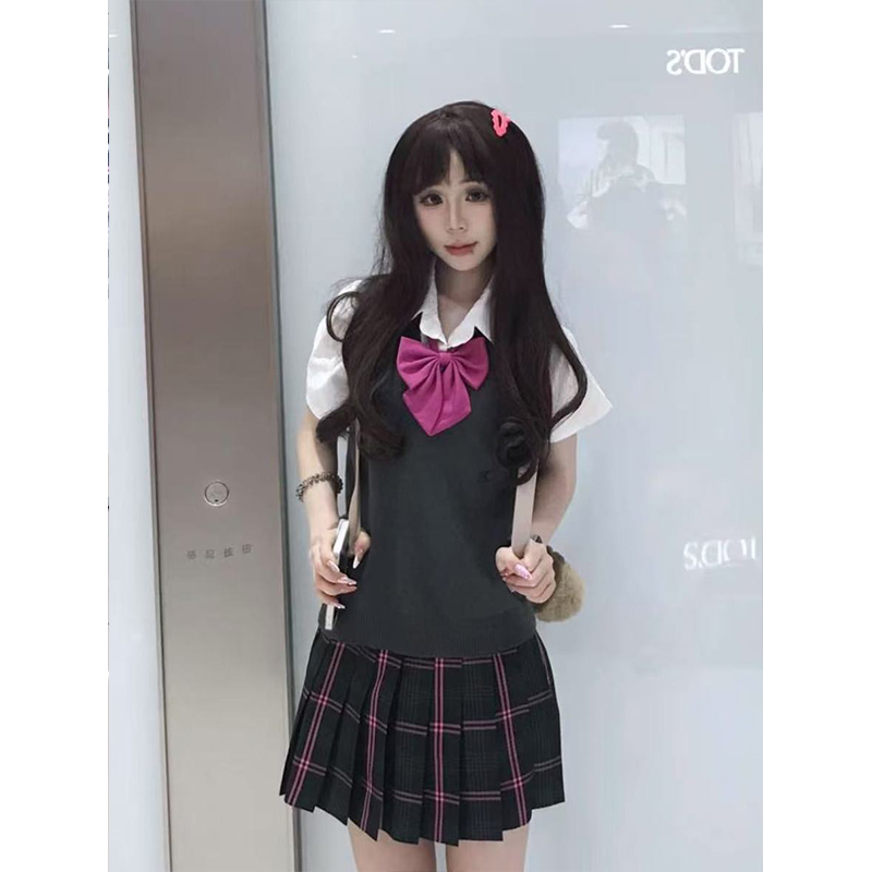 JK制服夏季套装深灰色背心马甲叠穿宽松衬衫百搭德兰西短裙学院风