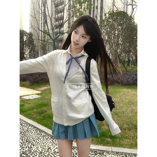 日系上衣学院风春秋原创针织衫女长袖白色开衫毛衣松蓝JK制服套装