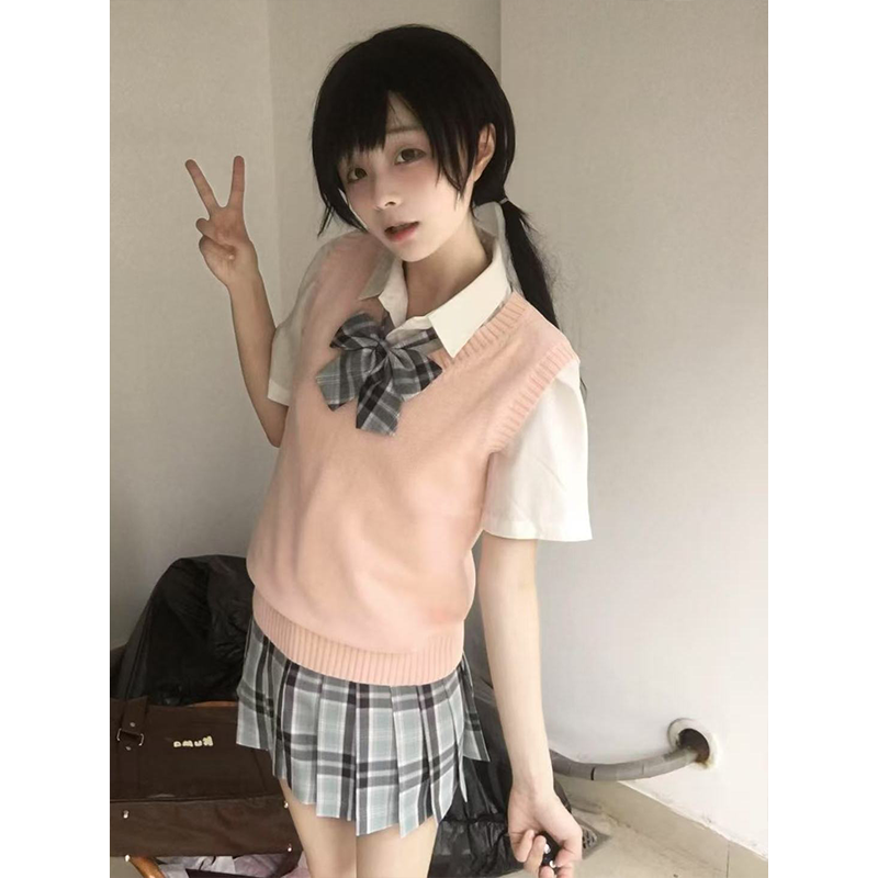 JK清新甜美化水百褶格裙原创制服纯色V领针织衫背心叠穿衬衫上衣