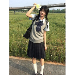 百搭海苔中裙 原创日系校供感JK制服针织马甲背心短袖 衬衫 时尚 套装