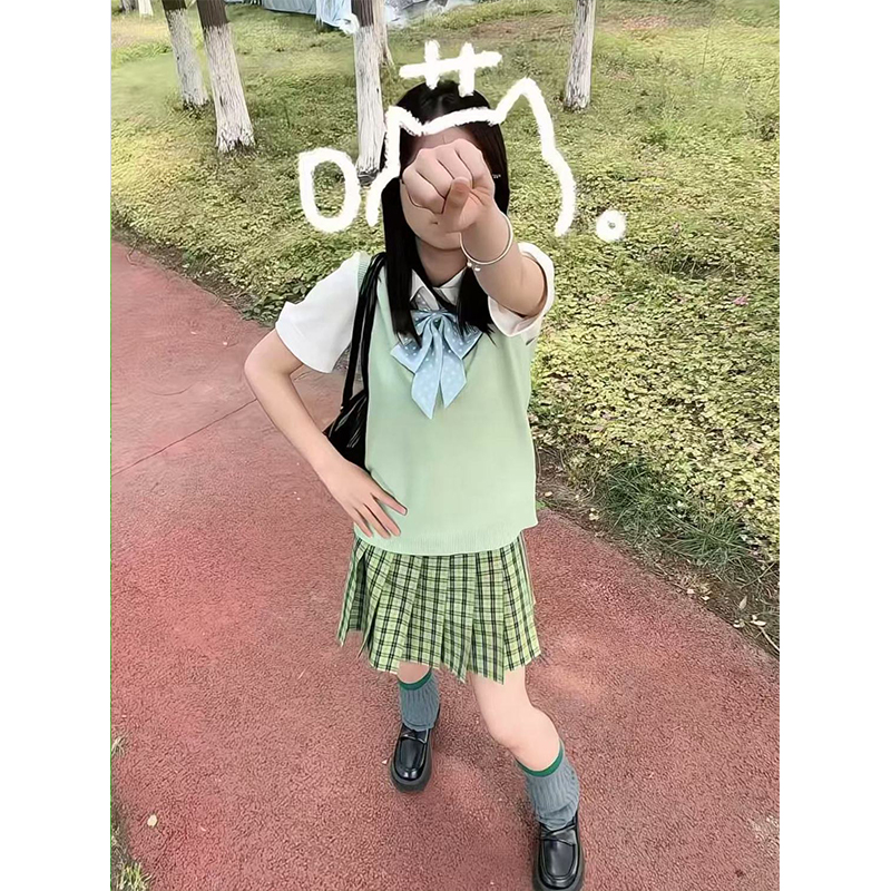 【小青梅】日系jk制服新款果绿色针织马甲背心学院风百搭格裙套装