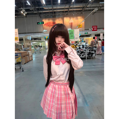 糖果/日系学院风原创jk制服套装女学生百搭粉色衬衫格裙子一整套