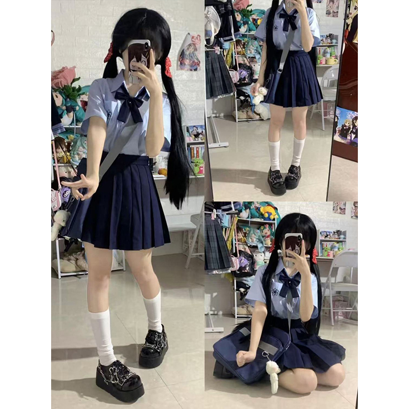 原创JK制服2025夏新款樱花蓝色短袖衬衫学院风百搭绀色JK裙JK套装