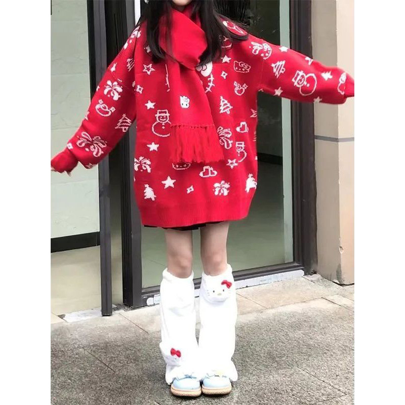韩版卡哇伊凯蒂猫红色毛衣女宽松百搭针织衫叠穿新年穿搭衣服套装,女装/女士精品,时尚套装,淘宝优惠券,粉丝福利购,淘宝优惠卷
