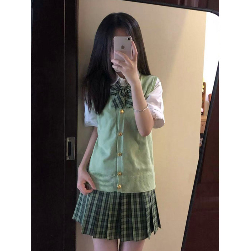 JK制服套装开衫青苹果绿马甲内搭短袖衬衫百搭2025夏新款小青梅裙图片