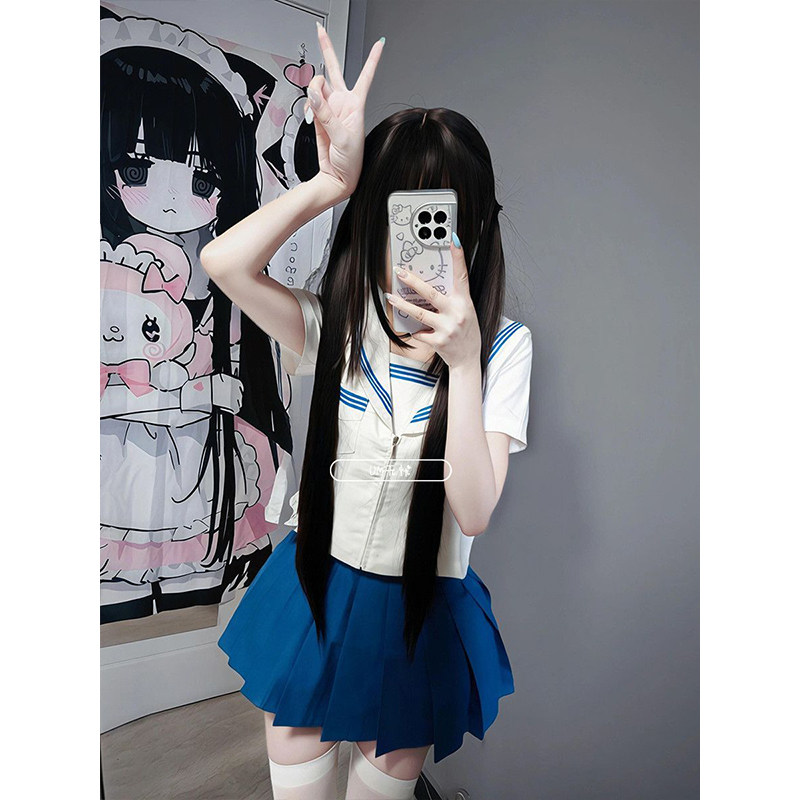 白领蓝三本日系jk制服水手服套装多巴胺海军领短袖百褶裙基础款