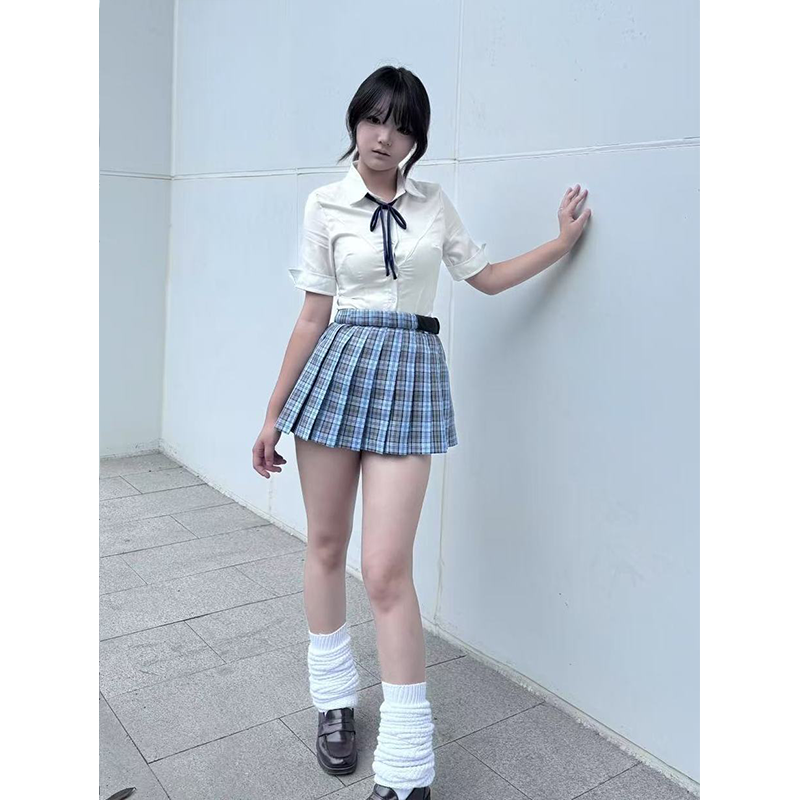 jk制服短袖收腰白色衬衫基础款百搭蓝灰短裙格裙JK原创夏季款套装
