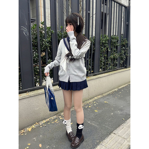 JK制服针织浅灰开衫毛衣学院风穿搭基础款水手服JK短裙原创一整套