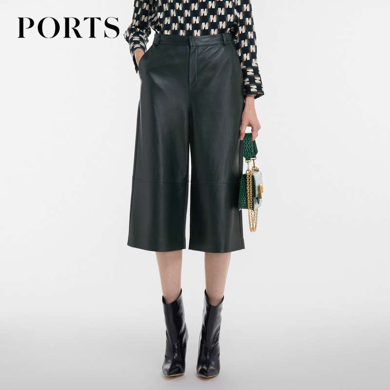 PORTS宝姿女装2023秋冬阔腿显瘦皮裤马裤七分裤LM9U079NZS023