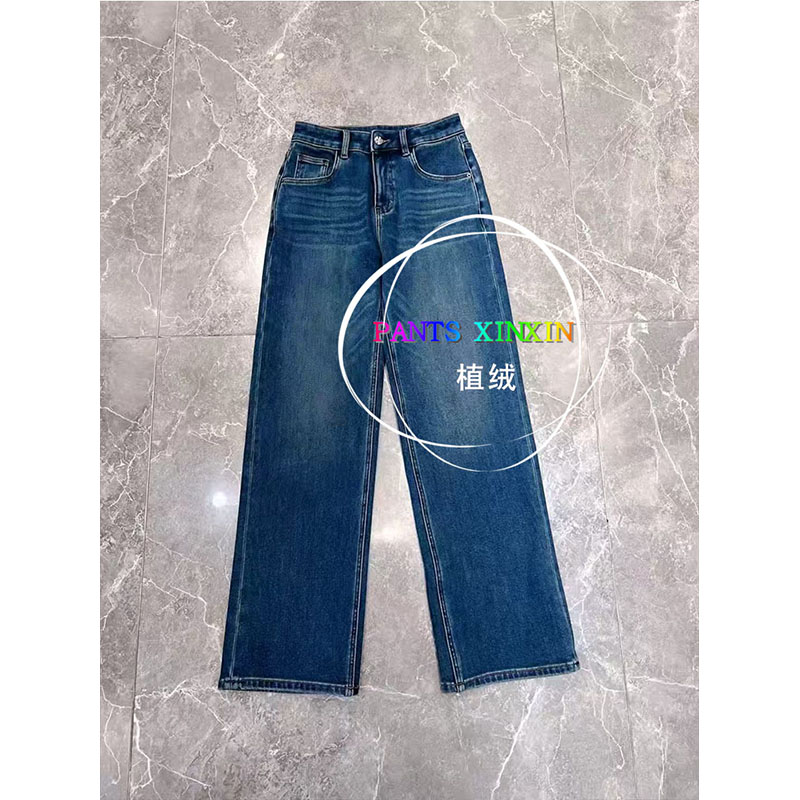 2025年冬季新品高腰显瘦高弹垂坠蓝色植绒牛仔直筒长裤女Q2498297