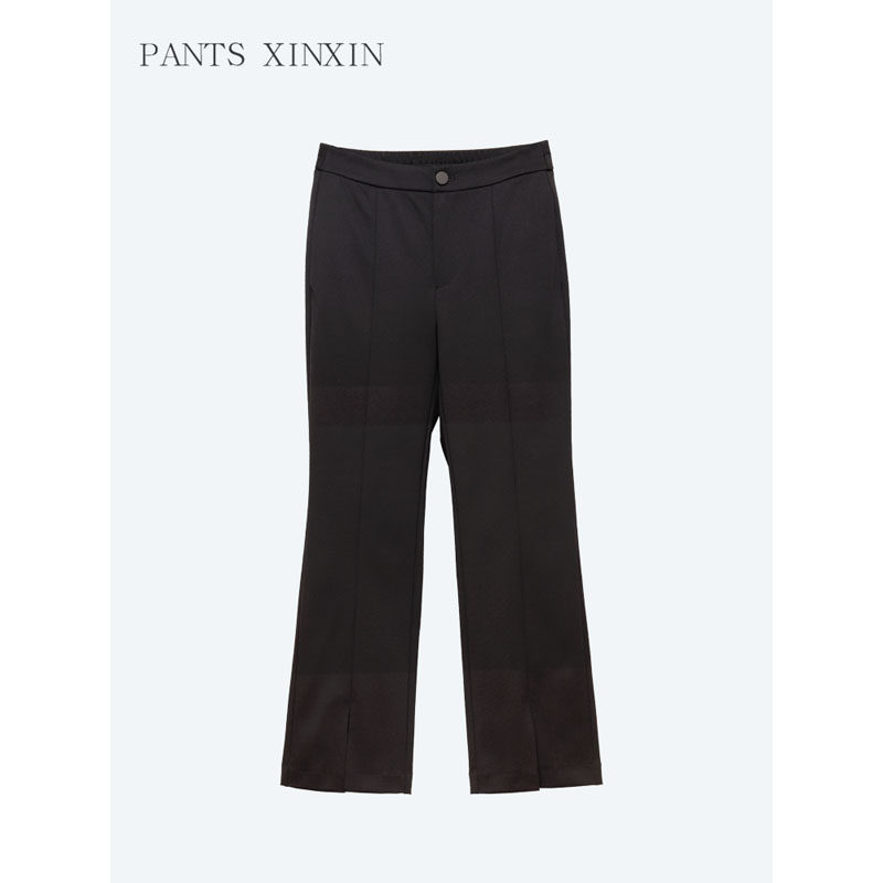 2025年秋修身显瘦单品黑色百搭半松紧腰九分开叉微喇西裤女Q85332