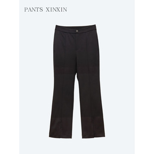 2025年秋修身显瘦单品黑色百搭半松紧腰九分开叉微喇西裤女Q85332