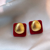 红色丝绒方形金色椭圆纹理耳环女2026新款 爆款 耳钉秋冬耳饰高级感
