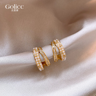 金色珍珠锆石双C圈耳环女轻奢高级感耳饰品秋冬耳钉独特绝美2026