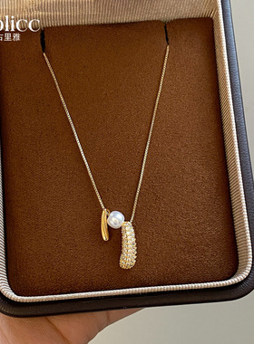 金色锆石珍珠吊坠项链高级感轻奢