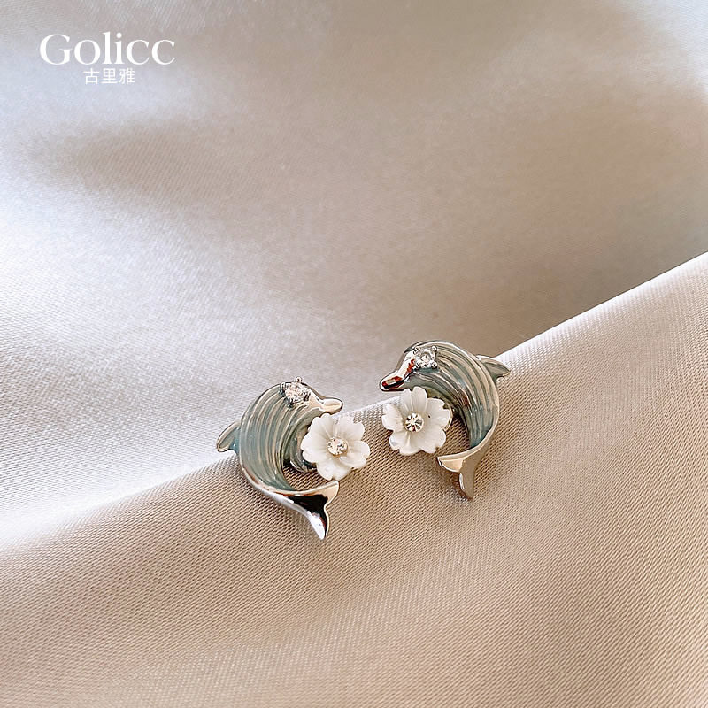 蓝色滴釉海豚花朵耳钉高级感轻奢