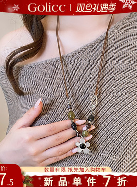 银色花朵吊坠串珠长款毛衣项链