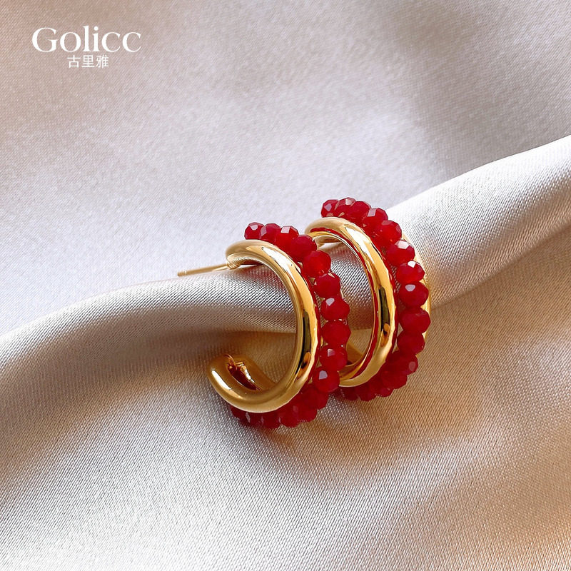 红色锆石金色C圈耳圈高级感耳饰