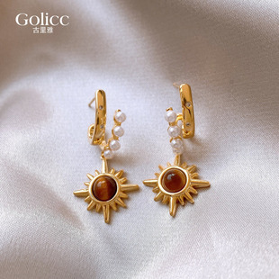 金色虎眼石八芒星珍珠C圈耳环女秋冬耳钉高级感耳饰独特绝美2026