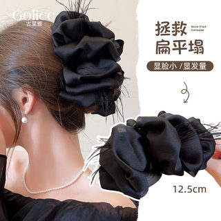 黑色褶皱缎面蝴蝶结羽毛抓夹女2025新款高级感显脸小头饰大号发夹