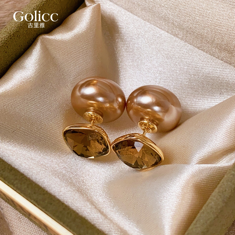 茶色方糖水晶珍珠耳钉高级感耳饰