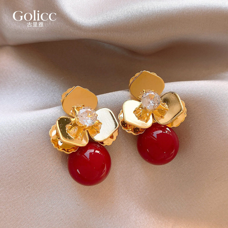 古里雅金色锆石花朵红色珍珠耳环女轻奢高级感耳钉适合冬天的耳饰,饰品/流行首饰/时尚饰品新,耳环,淘宝优惠券,粉丝福利购,淘宝优惠卷