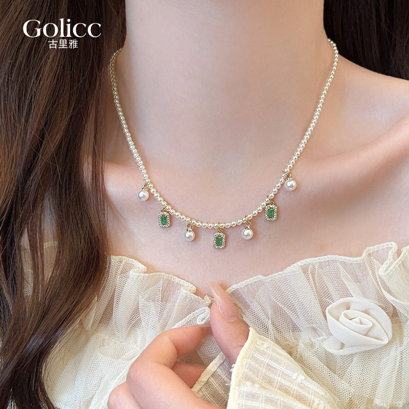 绿色锆石珍珠串珠吊坠项链女款2026新款颈链高级感轻奢小众锁骨链