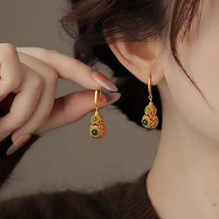 国风沙金葫芦耳环女轻奢高级感耳饰秋冬新中式耳钉独特2026年新款