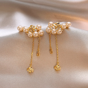 金色花朵珍珠流苏耳坠耳环女2025新款爆款高级感耳钉独特漂亮耳饰