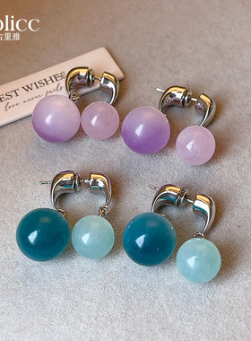 2025年新款爆款前后式大小圆球耳环紫色高级感轻奢耳钉小众耳饰女