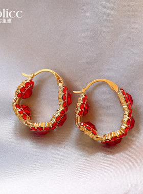红色圆形锆石圈圈耳环女高级感轻奢耳钉适合冬天的耳圈方圆脸耳饰
