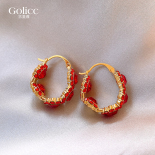 红色圆形锆石圈圈耳环女高级感轻奢耳钉适合冬天的耳圈方圆脸耳饰