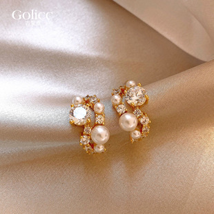 金色珍珠锆石C圈耳环女2026新款爆款圈圈耳饰秋冬耳钉高级感耳圈