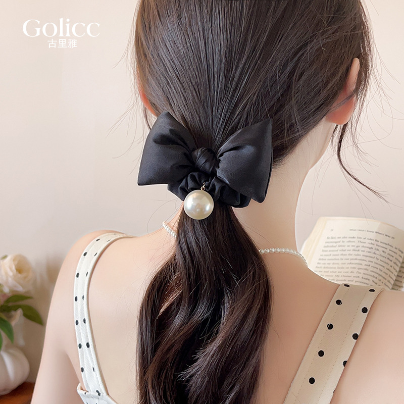 法式缎面蝴蝶结珍珠发圈巨好看
