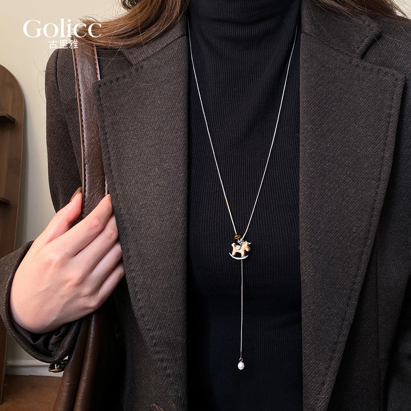 独角小木马珍珠吊坠长项链高级感