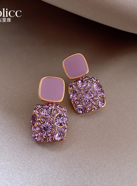 高级感紫色耳环方形女轻奢小众耳钉2025新款爆款独特气质耳坠耳饰