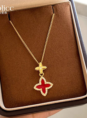 红色四叶草吊坠项链高级感配饰