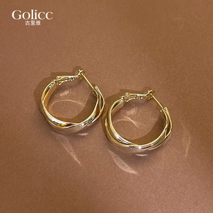 金色多层光面交叉圈圈耳环女秋冬耳钉高级感耳饰素圈耳圈独特漂亮
