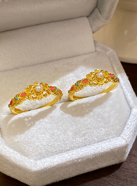 沙金珐琅彩花丝开口戒指高级感