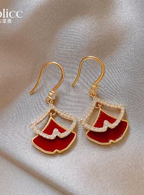 红色双层银杏叶耳环女2025新款爆款高级感轻奢耳钉适合冬天的耳饰