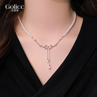 白色珍珠串珠蝴蝶结吊坠项链女款 锁骨链小众精致饰品 颈链2026新款