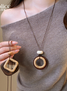 民族风木制几何编织长款项链咖色