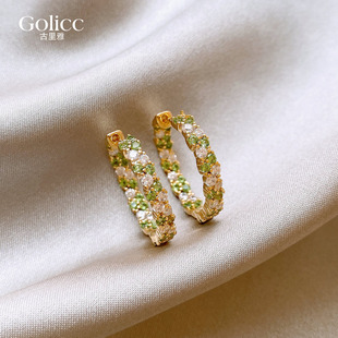 金色满钻圈圈耳环秋冬耳饰女2025新款 气质耳钉绿色方圆脸耳圈 爆款