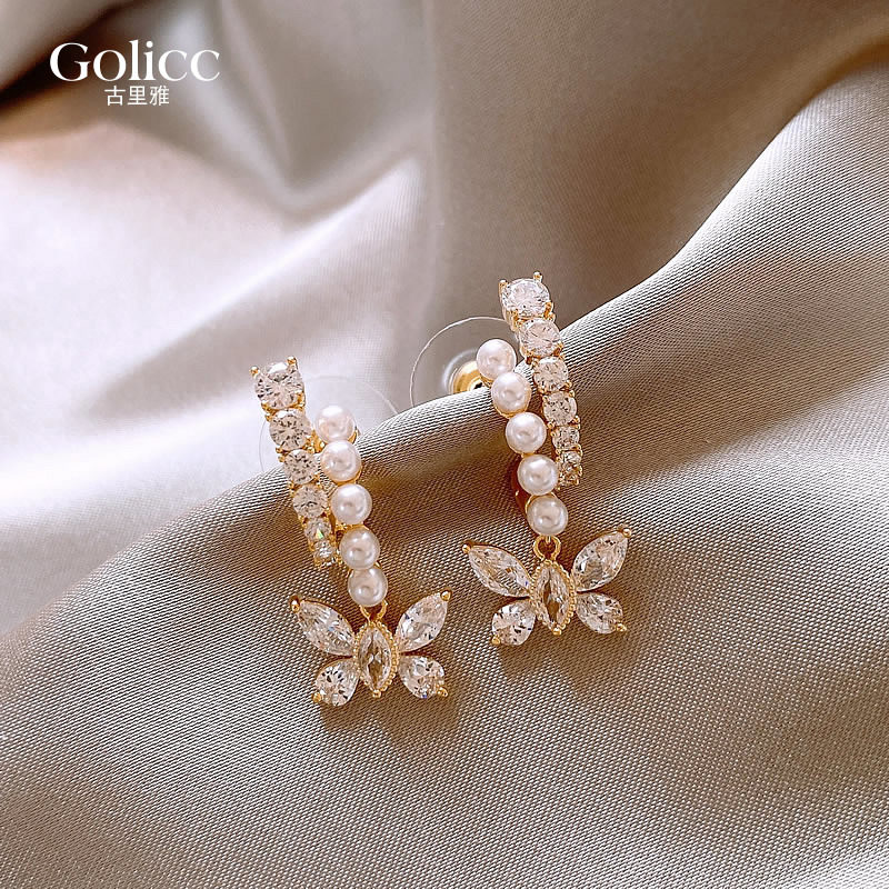 双层珍珠锆石蝴蝶耳环轻奢高级感