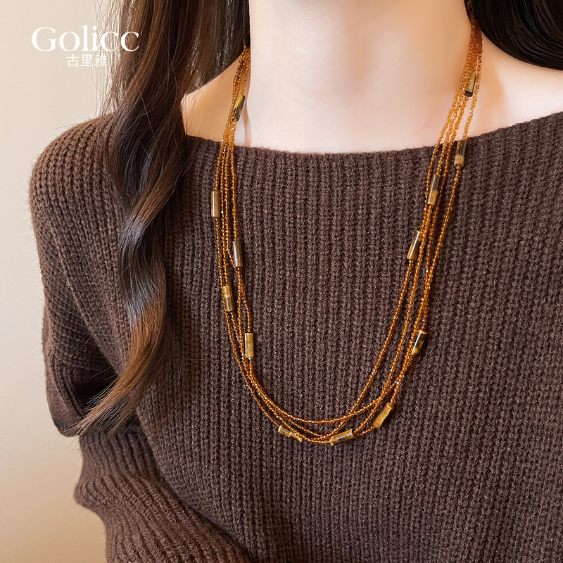 咖色多层几何圆柱串珠叠戴项链