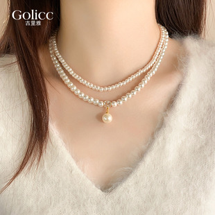 双层叠戴方糖珍珠吊坠项链女款2026新款爆款高级感配饰毛衣锁骨链