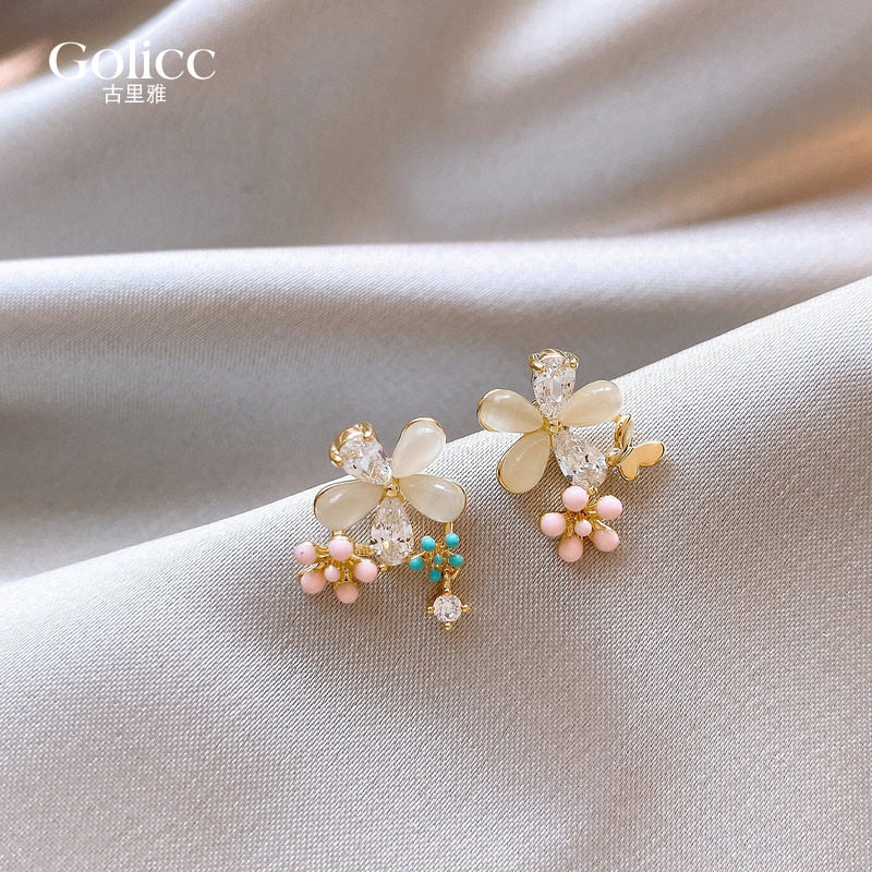 猫眼锆石花朵蝴蝶不对称耳钉女养耳洞耳环925纯银针耳饰小众独特