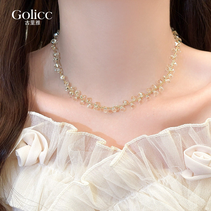 金色透明水晶串珠项链女2026新款高级感轻奢小众锁骨链海边配饰品